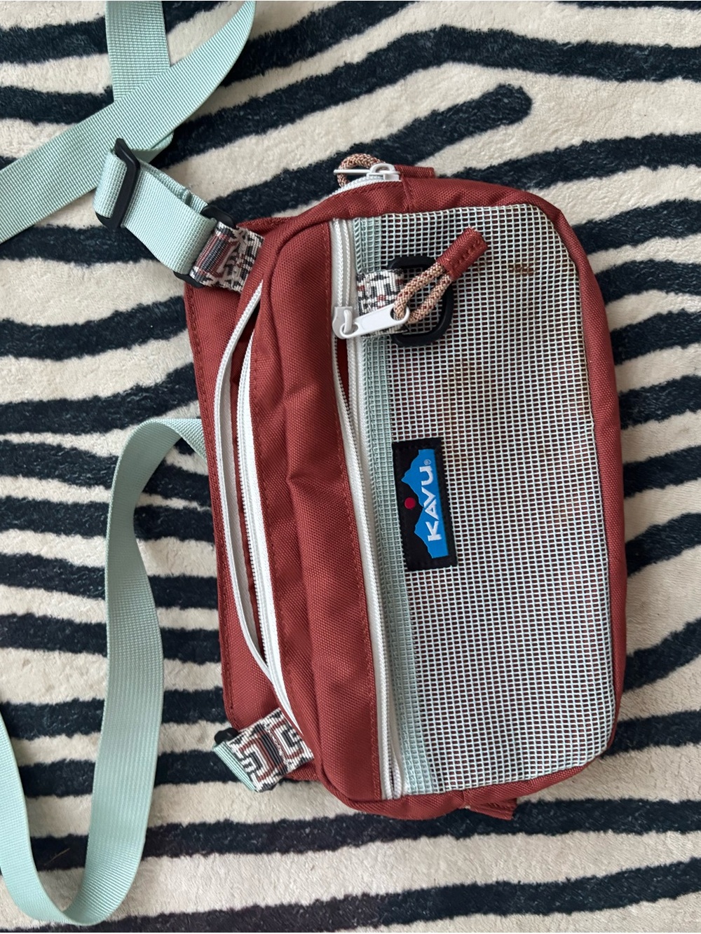 Kavu Red-Brown Sling Belt Bag with Mint Strap and White Mesh